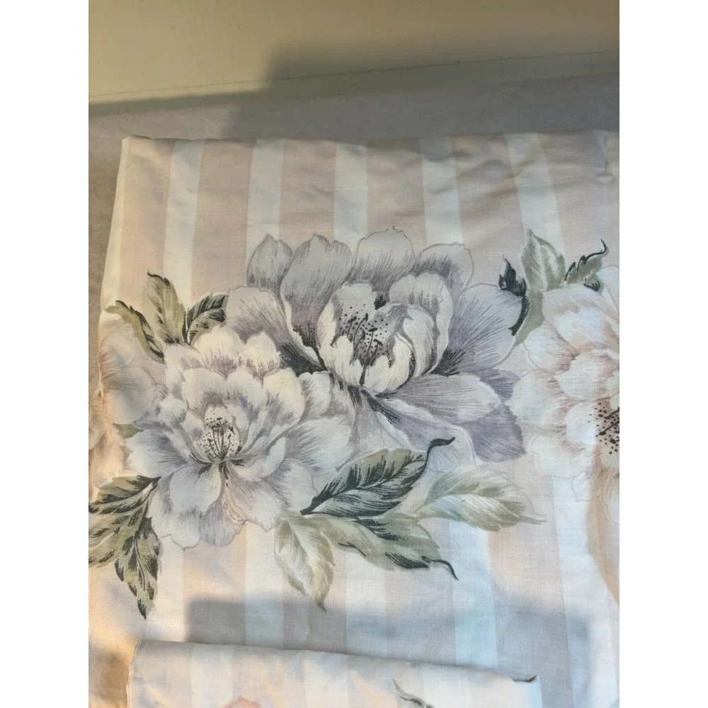 Vintage Cannon Pink Floral Stripe No Iron Queen Flat Bedsheet & 1 Pillowcase